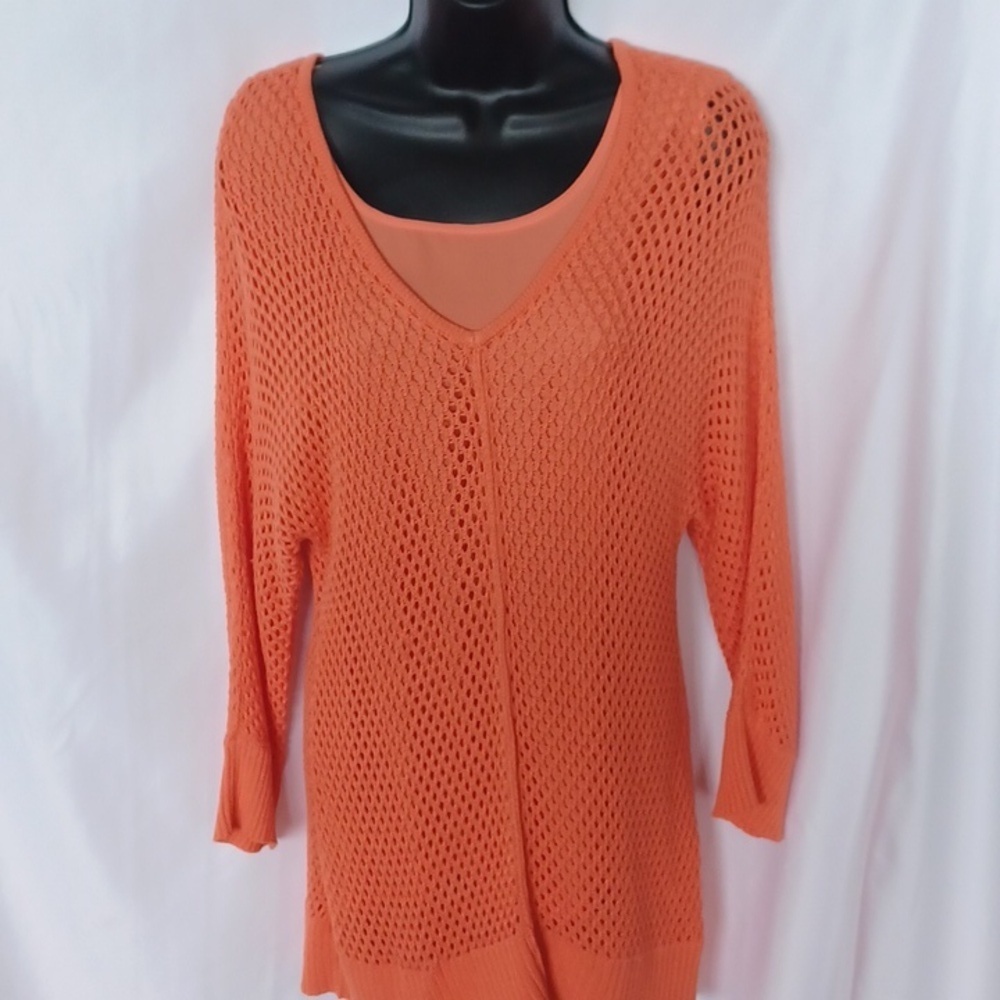 Chico's Dark Coral Open Knit See Through 3/4 Sleeve Tunic Sweater w liner Sz 1 M